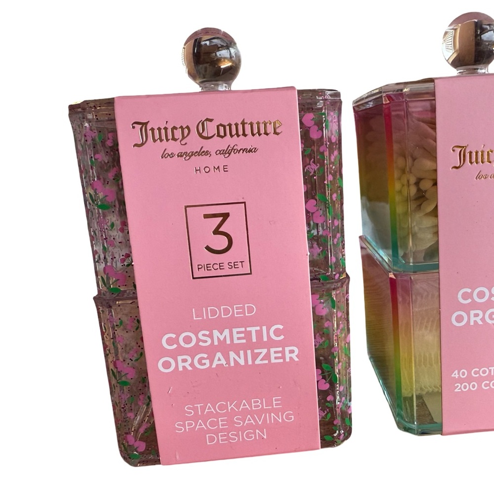 Juicy Couture NWT Acrylic Vanity Set Lidded Organizers Q-Tips & Cotton Pads - Picture 7 of 8